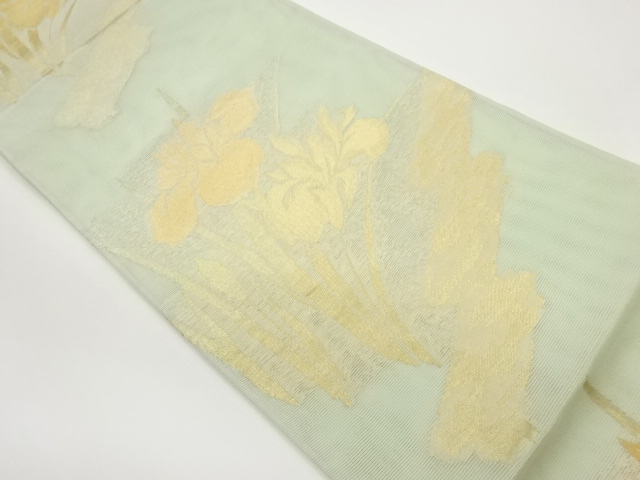 紗 八ツ橋に菖蒲模様織出し袋帯